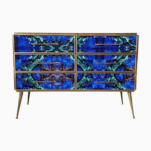Wooden Dresser in Lapis Lazuli Glass with Six Drawers, 1980s