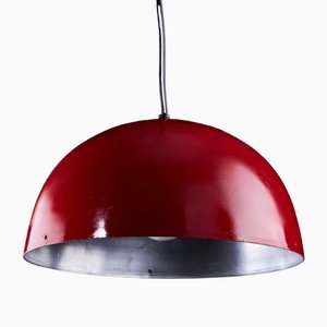 Lampada a sospensione emisferica in alluminio rosso con fori rotondi, Italia, anni '70