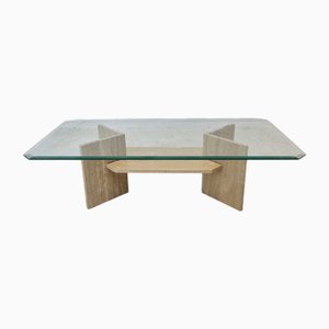 Italian Coffee Table in Travertine and Facet Cut Glass, 1980s