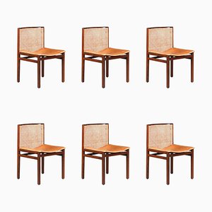 Cane and Patinated Cognac Leather Dining Room Chairs attributed to Tito Agnoli, Italy, 1966, Set of 6