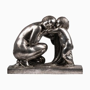 Escultura Art Déco grande de bronce bañado en plata atribuida a Pierre Traverse, 1930