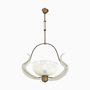 Italian Art Deco Chandelier in Transparent and White Murano Glass and Brass, 1940s