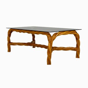 Tavolino da caffè in vimini arricciato con ripiano in vetro fumé