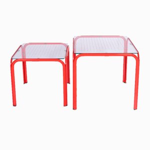 Vintage Nesting Coffee Tables with Red Iron Structures and Decorated Glass Tops, 1980s, Set of 2