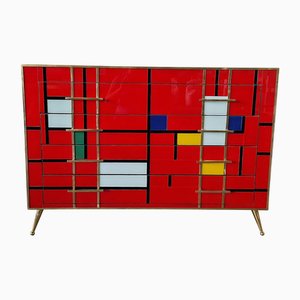 Cómoda con cuatro cajones de cristal de Murano rojo, años 80