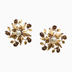 Gold-Plated Wall Lights with Roses, Italy, 1970s, Set of 2
