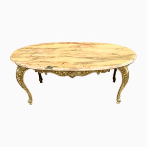 Vintage French Oval Brass and Onyx Marble Coffee Table, 1960s