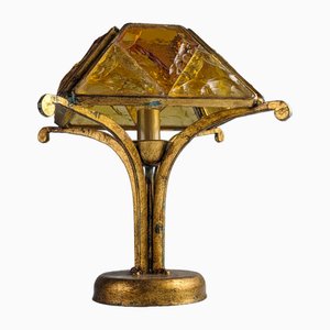 Hammered Glass and Wrought Iron Table Lamp attributed to Longobard, Italy, 1970s