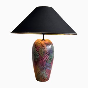 Large Vintage Italian Handmade Ceramic Table Lamp with Palm Leaves, 1970s