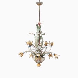 Floral Chandelier in Pastel Colors with Crystal Glass, 1970s