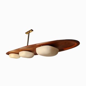Chandelier in Finely Steam-Bent Teak Wood with 3 Reggio Straw Glasses by Goffredo Reggiani for Reggiani, 1960s