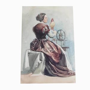 Woman Working at the Spinning Wheel, Late 19th Century, Watercolour