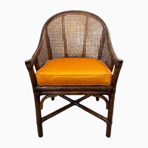 Rattan and Bamboo Armchairs with Orange Cushions from McGuire, 1970, Set of 4