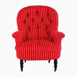 French Button Back Red Stripe Armchair