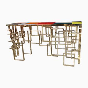 Double-Sided Console in Chrome-Gold Steel and Multicolored Murano Glass Top, 1980s