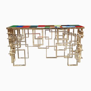 Double-Sided Console in Chrome-Gold Steel and Multicolored Murano Glass Top, 1980s