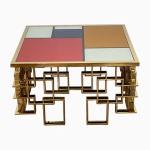Low Living Room Table in Chrome-Gold Steel and Multicolored Murano Glass Top, 1980s