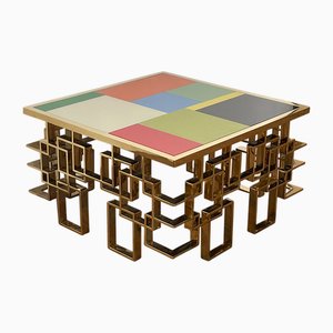 Low Living Room Table in Chrome-Gold Steel and Multicolored Murano Glass Top, 1980s