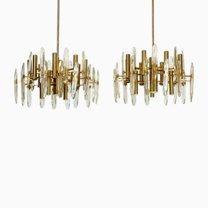 Lampadari in ottone e vetro di Sciolari, Italia, anni '70, set di 2
