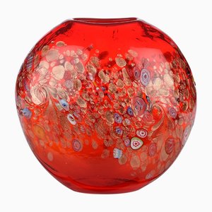Large Mid-Century Ovoid Ruby Red Glass Vase with Murrina from Venini