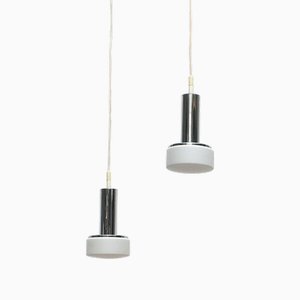Mid-Century Space Age German Model P105 Glass and Chrome Pendant Lamps from Staff, 1960s, Set of 2