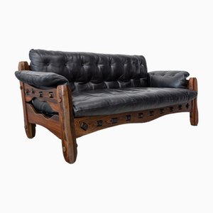 Second Half of the 19th Century American Two-Seater Sofa in Wood and Black Leather, 1970s