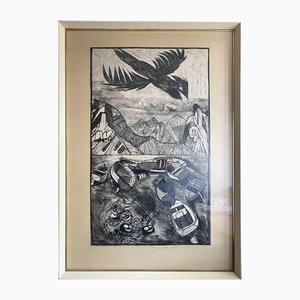 SV Bonnevie, Cliffs and Sea, Tenerife, 1970, Gravure sur bois, Encadrée