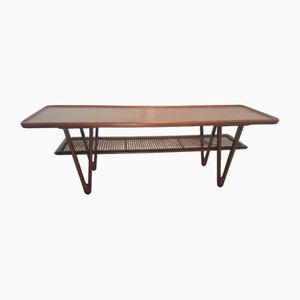 Vintage Teak & Cane Coffee Table with V-Shaped Legs attributed to Kurt Østervig, Denmark, 1950s