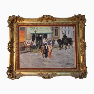 Francesco Tammaro, Paris Café Scene, años 80, óleo sobre contrachapado, enmarcado