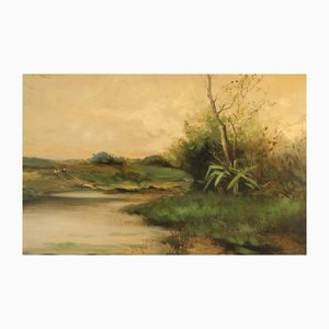 Artista francés, Paisaje fluvial impresionista, del siglo XIX, óleo sobre madera, enmarcado