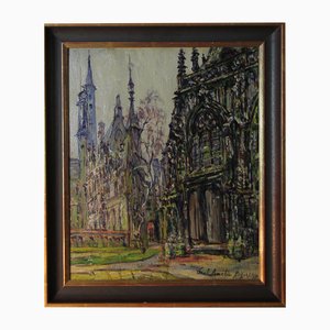 Paul Amelin, Impressionist View of St. Saviour's Cathedral in Bruges, 1913, Oil on Panel, Framed
