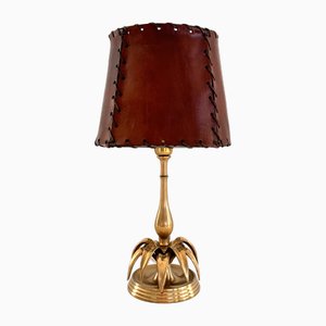 Mid-Century Italian Palm Leaf Table Lamp in Brass and Leather Lampshade, 1970s