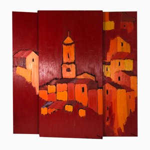 Lars Pfeiffer, Trittico Case rosse, 2003, Olio su tela, set di 3