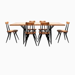 Pirkka Design Dining Room Set by Ilmari Tapiovaara for Laukaan Puu, 1955, Set of 7