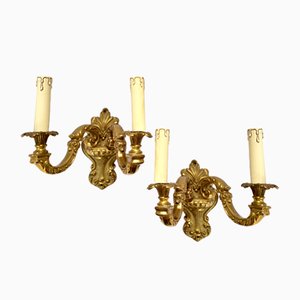 Vintage French Double Arm Bronze Wall Lights, 1960s, Set of 2