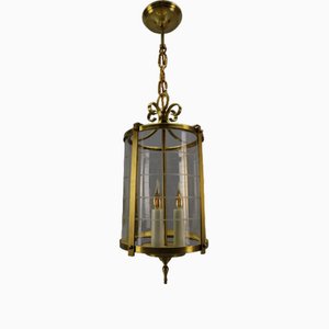 French Neoclassical Style Round Hanging Lantern in Brass and Clear Glass, 1920s