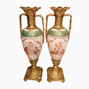 Classical Style Gilt Bronze and Porcelain Decorative Vases, Set of 2