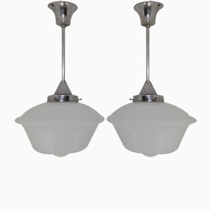 Art Deco Pendant Lamps in Opal Glass, 1940s, Set of 2