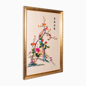 Large Vintage Art Deco Korean Framed Silk Embroidery Display Panel, 1930s