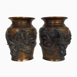 Japanese Dragon Vases in Patinated Bronze, 1900s, Set of 2