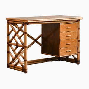 Reed Desk with Wooden Shelf, Drawers and Leather Bindings, 1970s