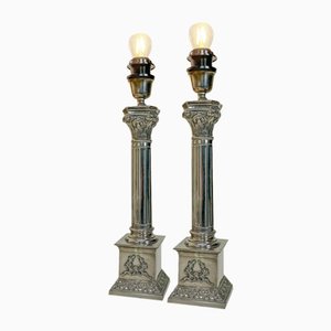 Nickel-Plated Brass Column Table Lamps in the style of Greek, 1970s, Set of 2