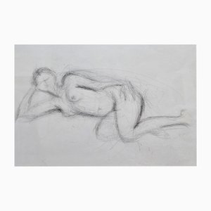French School Artist, Feminine Figure, Charcoal Drawing, 1970s