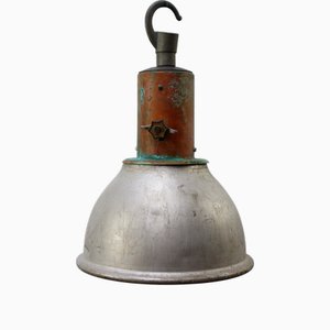Industrielle Vintage Hängelampe aus Metall, Kupfer & durchsichtigem gestreiftem Glas von Holophane Paris