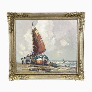 Harry Haerendel, Sailing Ship on Sand, 1890s-1910s, Oil on Canvas, Framed
