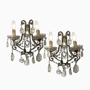 Italian Venetian Crystal Beaded Mirrored Sconces, 1940s, Set of 2