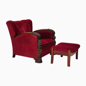 Poltrona con poggiapiedi in velluto e legno di frassino, Danimarca, anni '50, set di 2