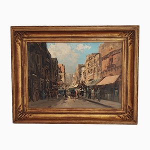 Ezelino Briante, Busy Shopping Street, Oil on Cardboard, 1960s, Framed