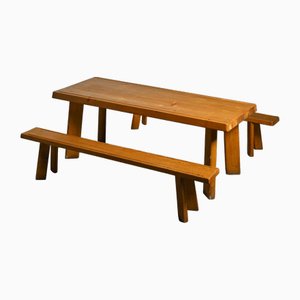 Table et Bancs en Bois de Mélèze attribués à Christian Durupt, 1960, Set de 3