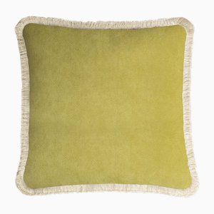 Housse de Coussin Happy en Velours Lime avec Franges Blanc Sale par Lorenza Briola